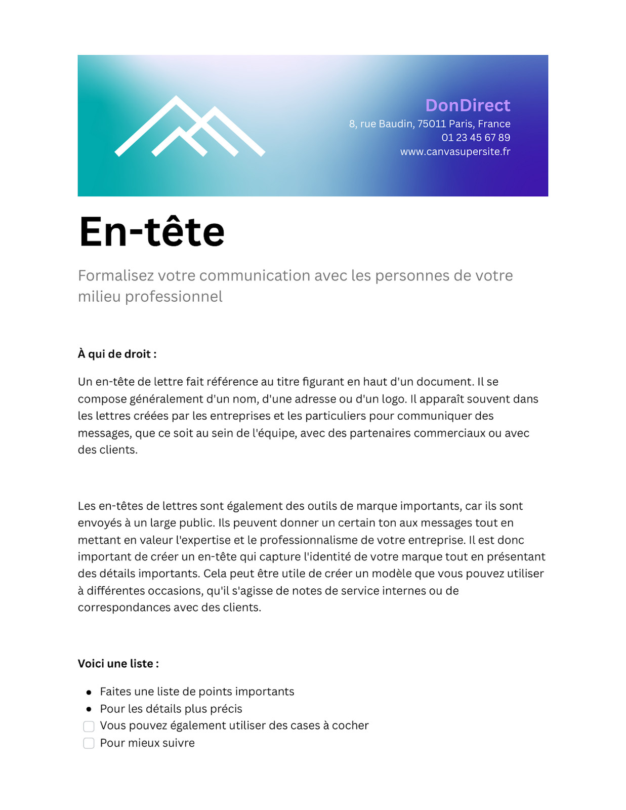 Canva Docs En-tête dans un Style Classique et Professionnel en Bleu vif et Violet vif