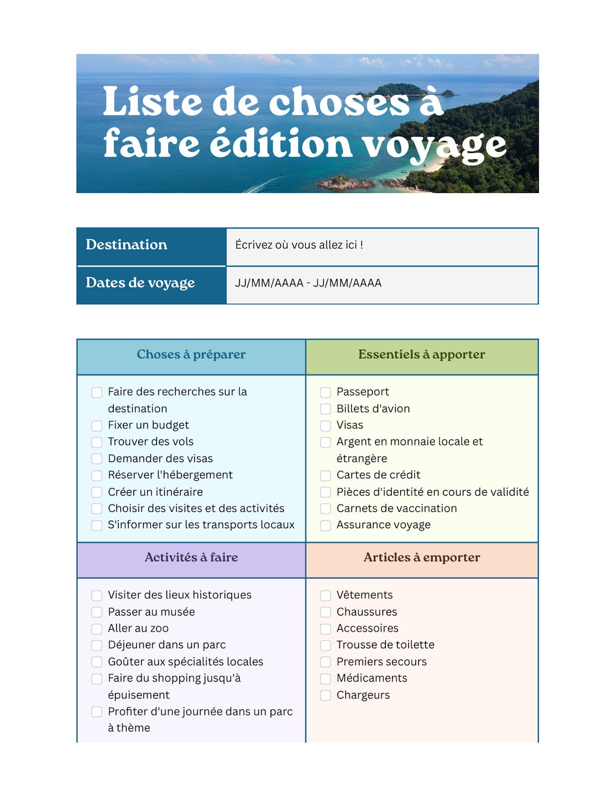 Canva Docs Liste Choses à Faire Édition Voyage Coloré et Professionnelle en Bleu Vert et Violet Pastels