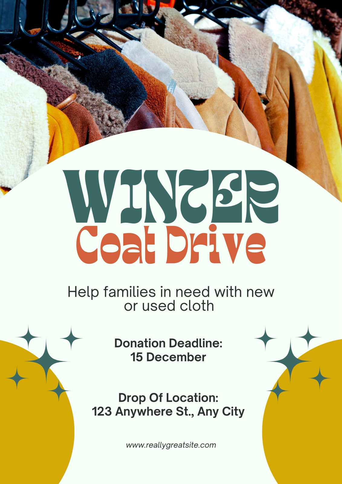 Teal and Mustard Modern Winter Coat Drive Poster