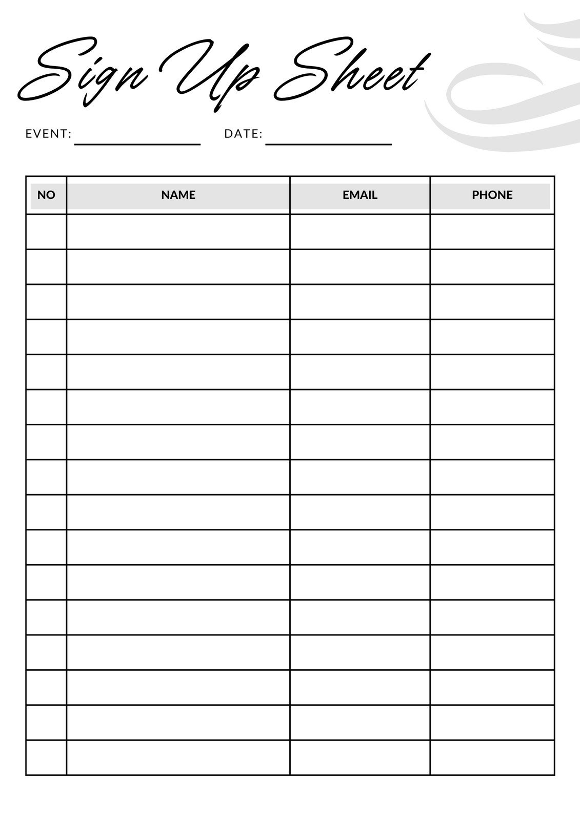 Minimal Event Sign Up Sheet Planner