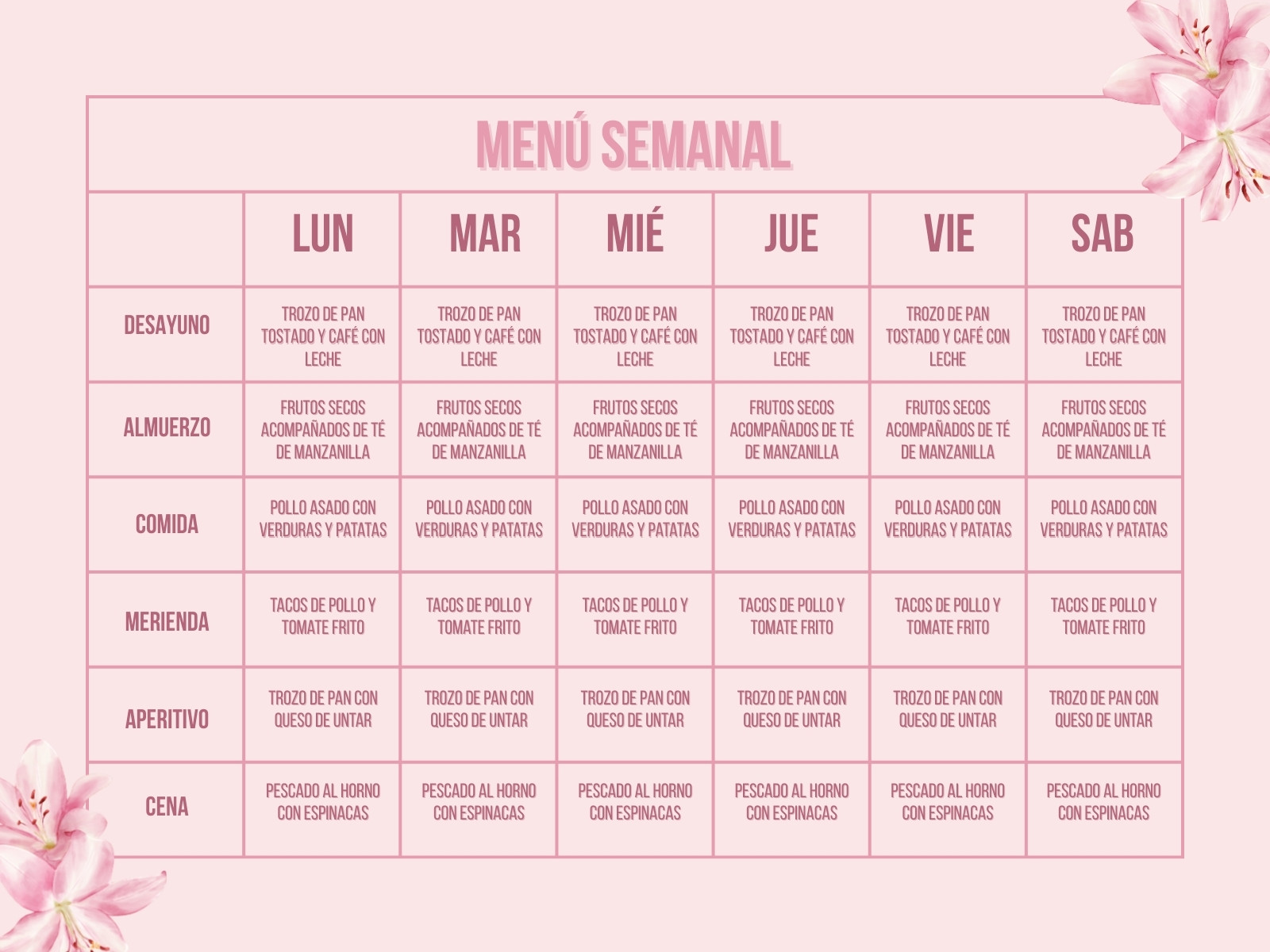 Menú Semanal Floral Rosa