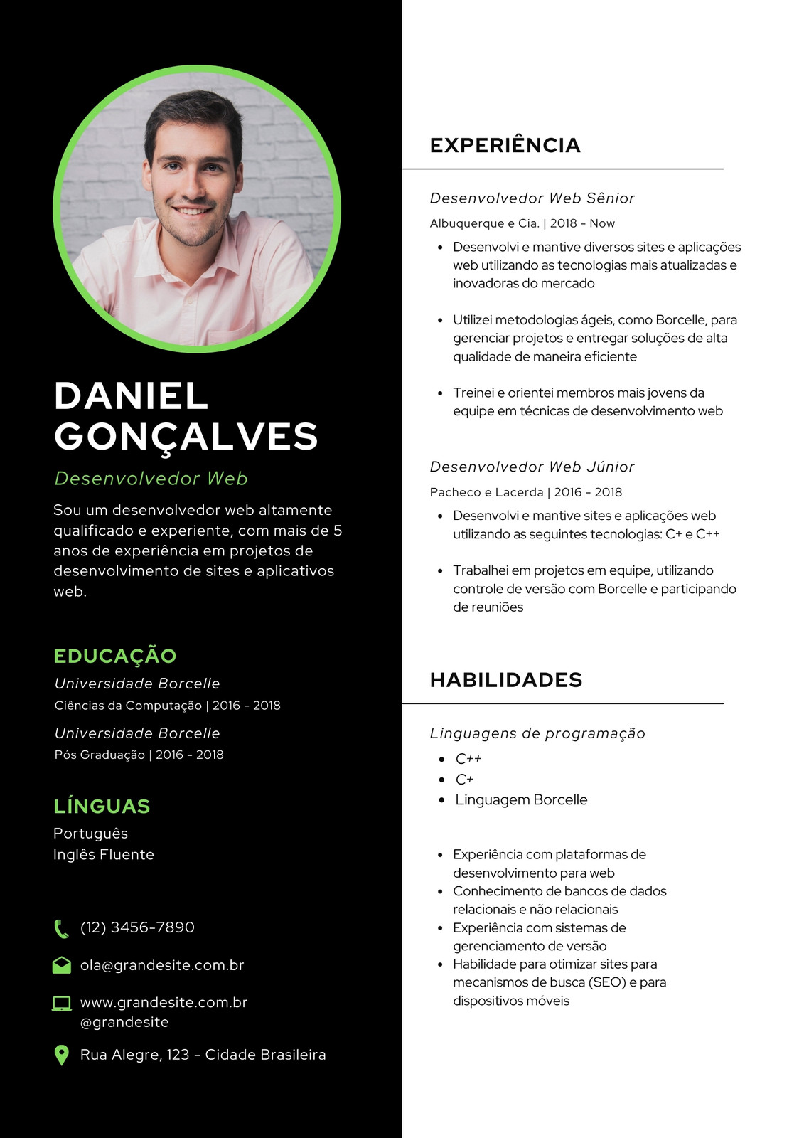 Preto e Verde Currículo Simples de Desenvolvedor Web