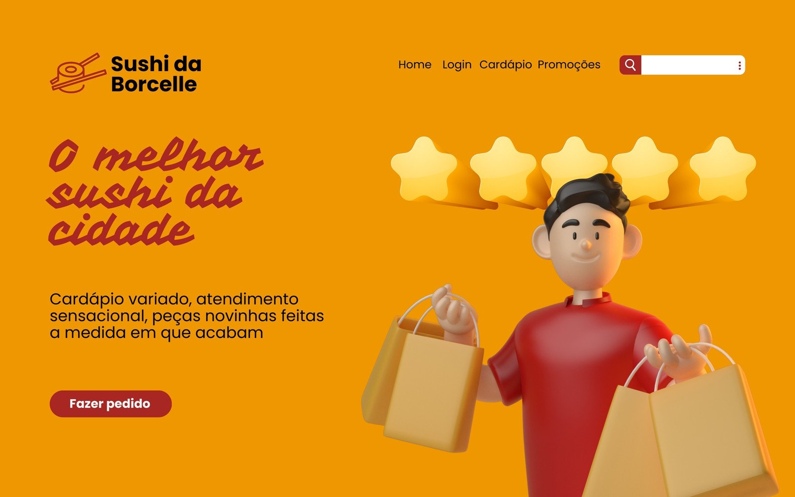 Protótipo Website Sushi Comida Japonesa 3d Moderno Laranja e Vermelho