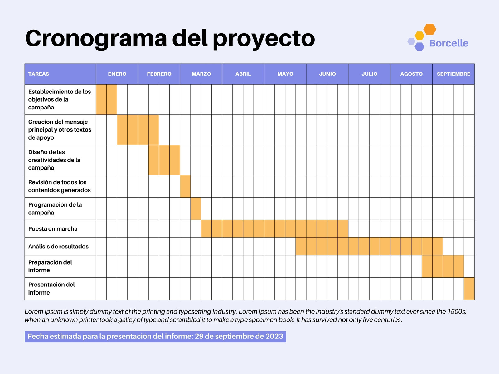 Gráfico Tabla Cronograma Timeline de Proyecto Profesional Simple Violeta Naranja