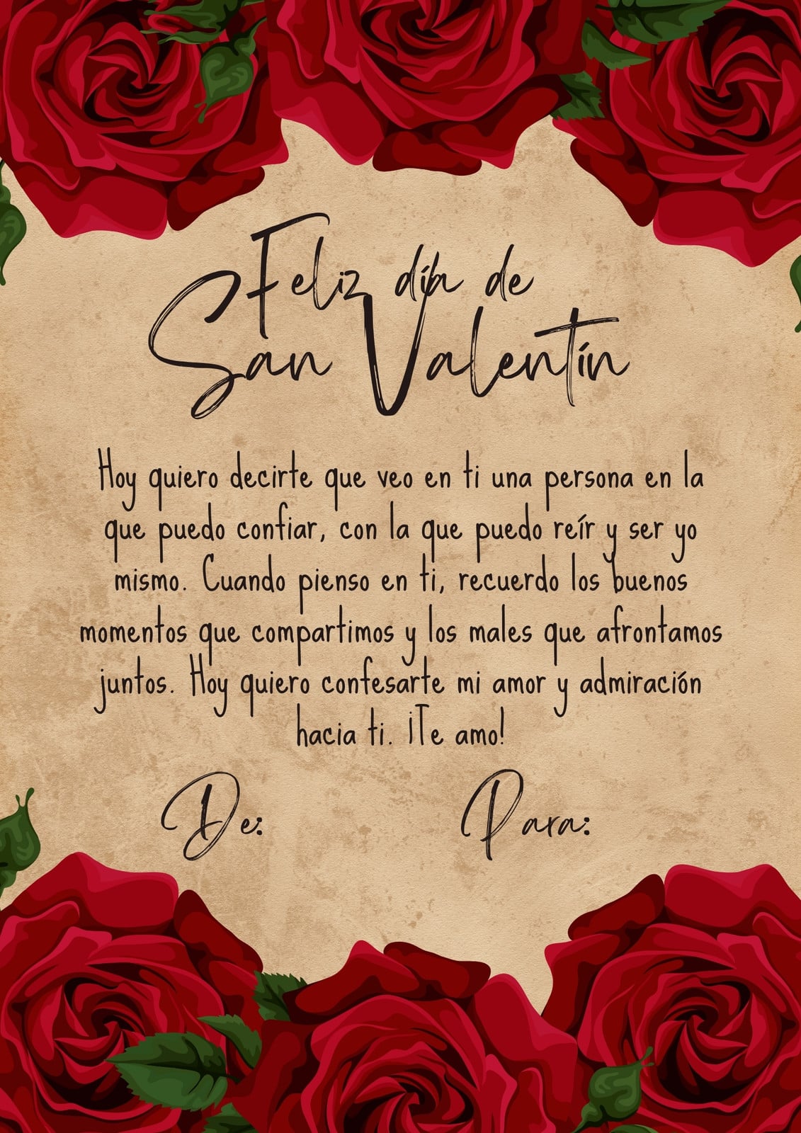 Carta de Amor Para San Valentín Floreada Beige y Rojo