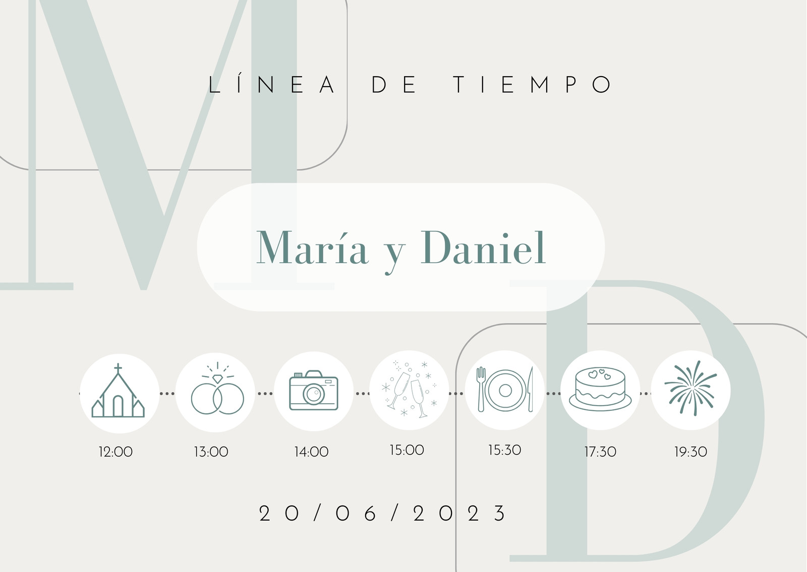Tarjeta horizontal línea de tiempo boda minimalista elegante azul blanco