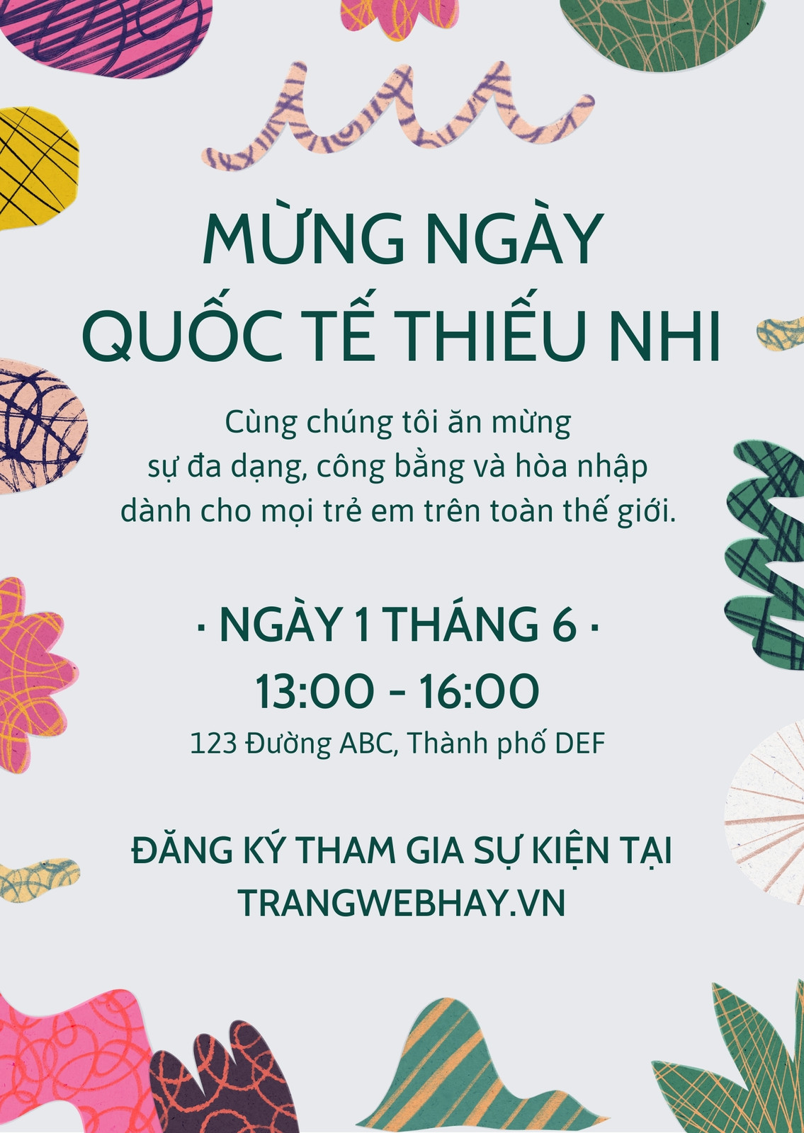 Thư mời Ngày Quốc tế Thiếu nhi họa tiết nhiều màu Thư mời Ngày Quốc tế Thiếu nhi họa tiết nhiều màu