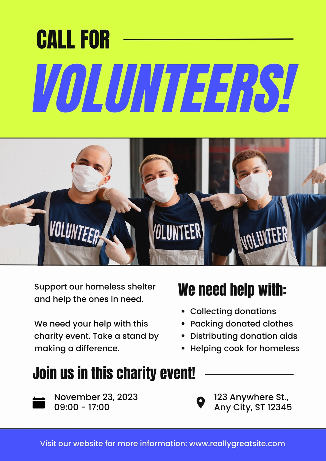 Blue Green Vibrant Modern Bold Volunteer Recruitment Flyer