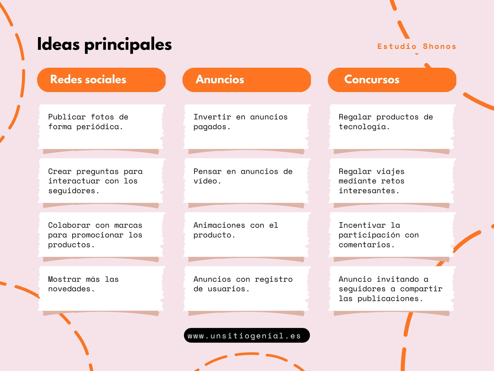 Gráfico columnas ideas marketing bloques y líneas naranja