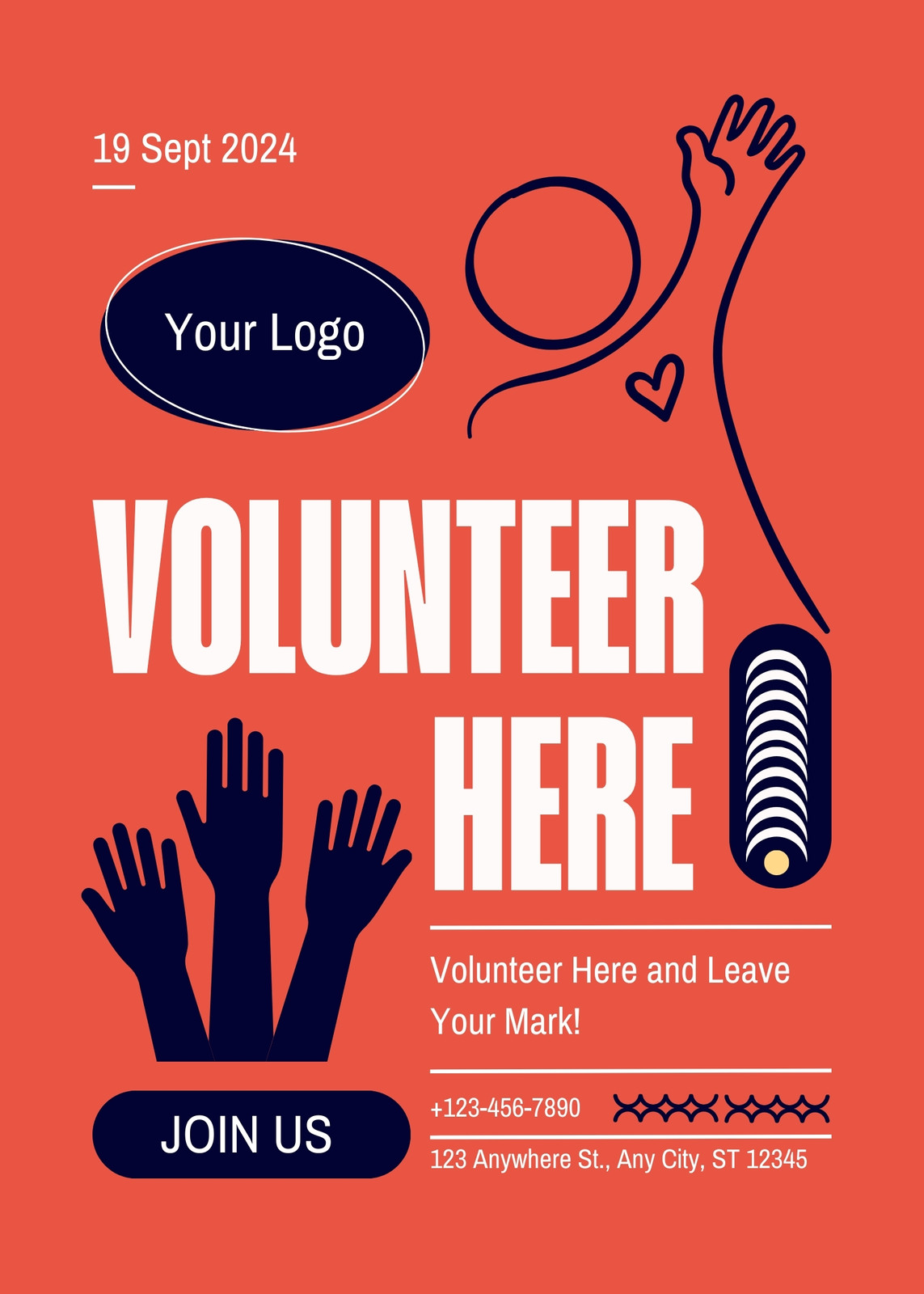 Orange Navy And White Illustrated Volunteer Here Flyer