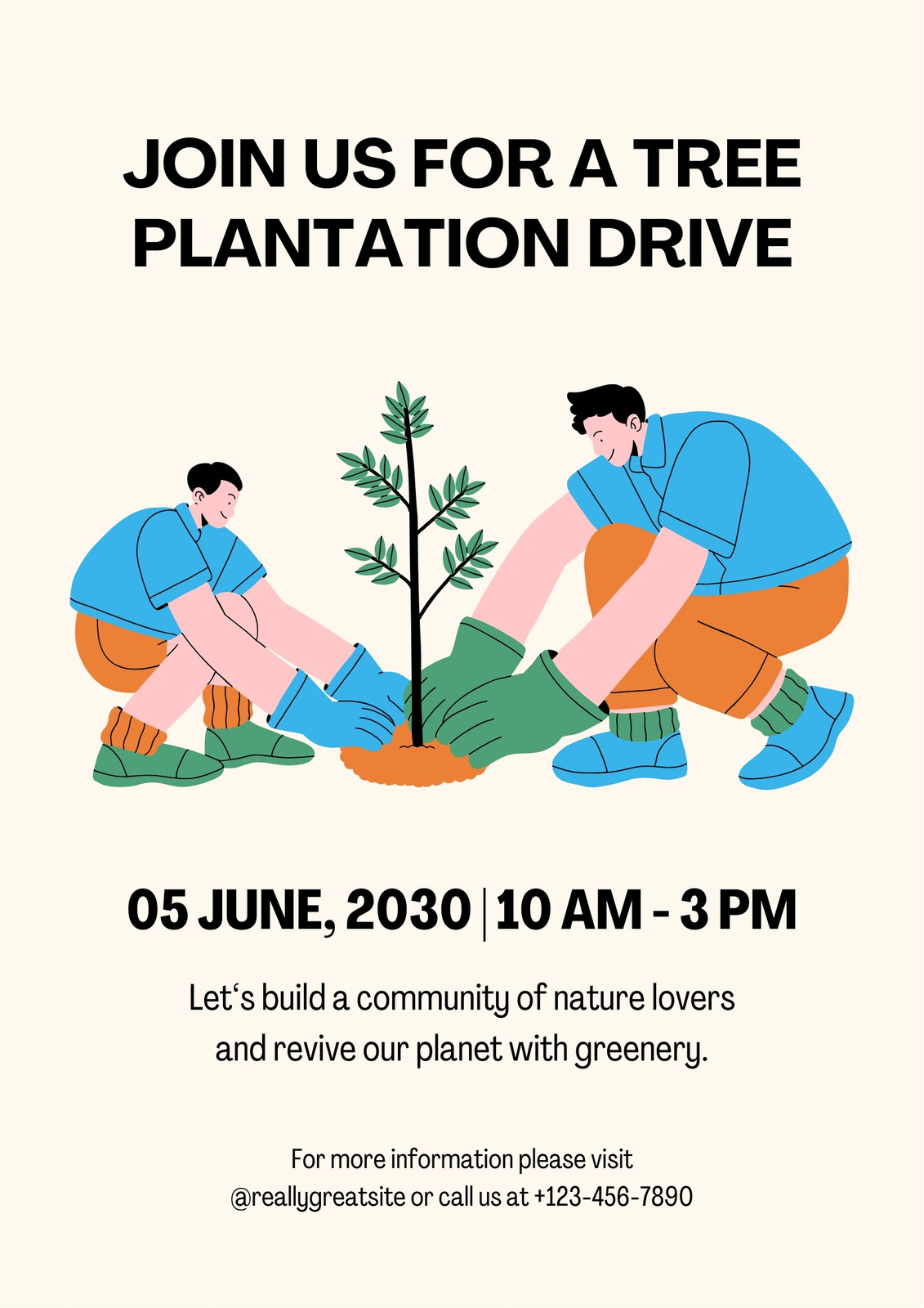 Cream Organic Illustrative Tree Plantation Drive Announcement Poster