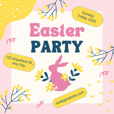Cute Floral Easter Party Invitation Instagram Post Canva template, yellow and pink