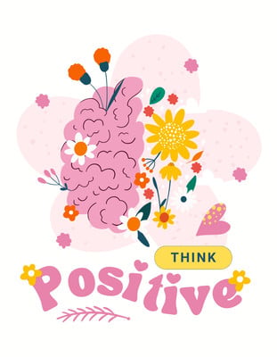 Cute Illustrative Brain with Flowers Positive Mental Health T-Shirt Canva template, pink and yellow