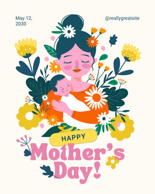 Cute Illustrative Floral Mother's Day Greeting Instagram Post Canva template, pink and yellow