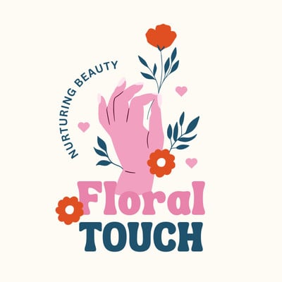 Cute Modern Floral Hand with Flower Logo Canva template, pink and blue