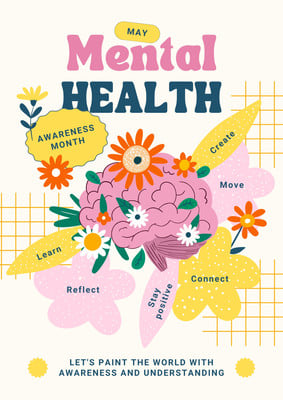 Playful Floral Illustrative Motivational Mental Health Poster Canva template, yellow and pink
