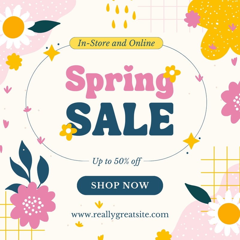 Cute Floral Spring Shop Sale Instagram Post Canva template, yellow and pink