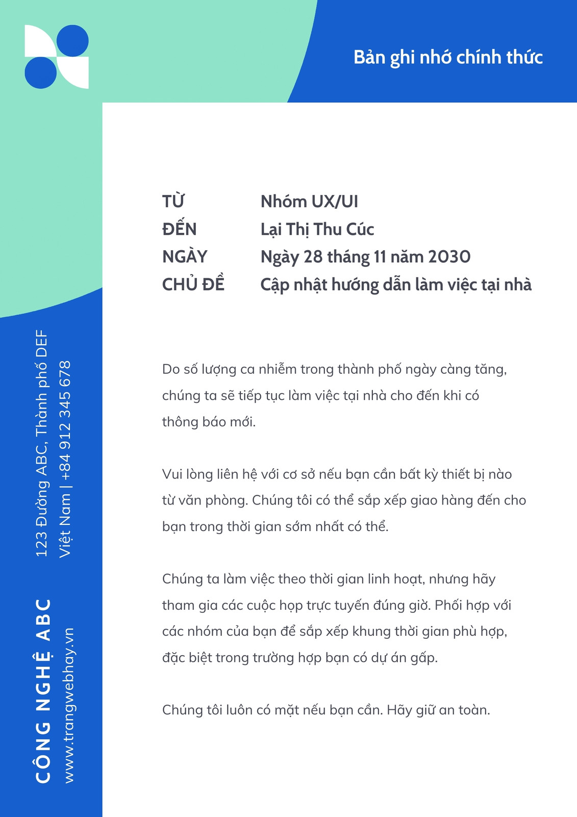 Bản ghi nhớ hướng dẫn làm việc tại nhà Bản ghi nhớ hướng dẫn làm việc tại nhà