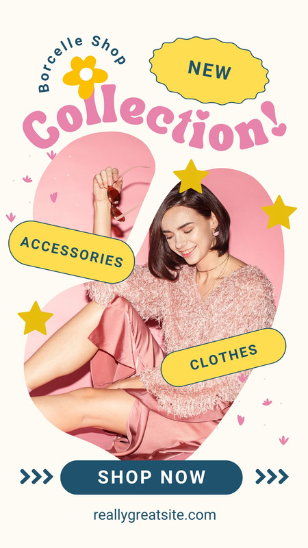 Cute Playful Animated New Fashion Collection Instagram Story Canva template, pink and yellow