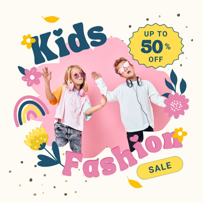 Cute Floral Kids Fashion Sale Instagram Post Canva template, pink and yellow