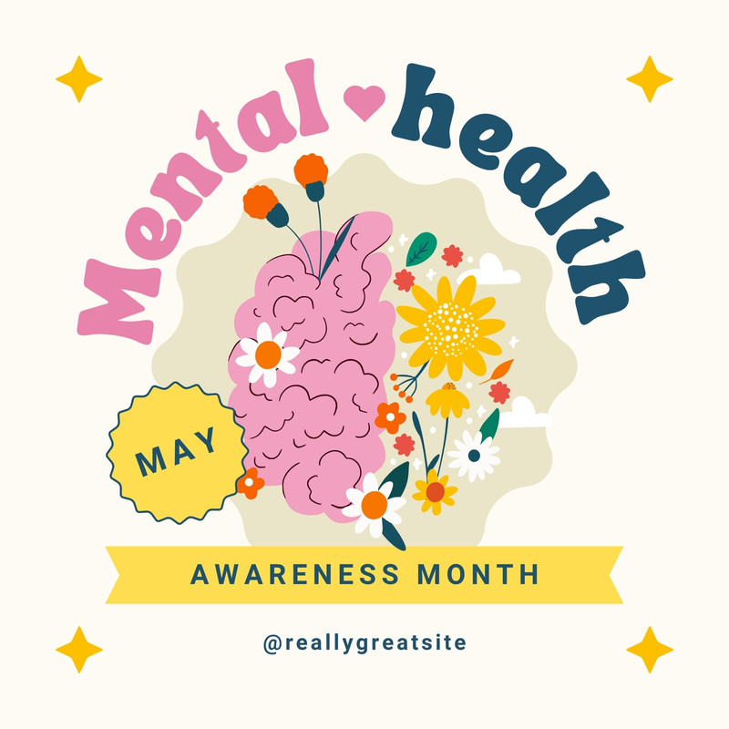Playful Floral Brain Mental Health Awareness Month Instagram Post Canva template, pink and yellow