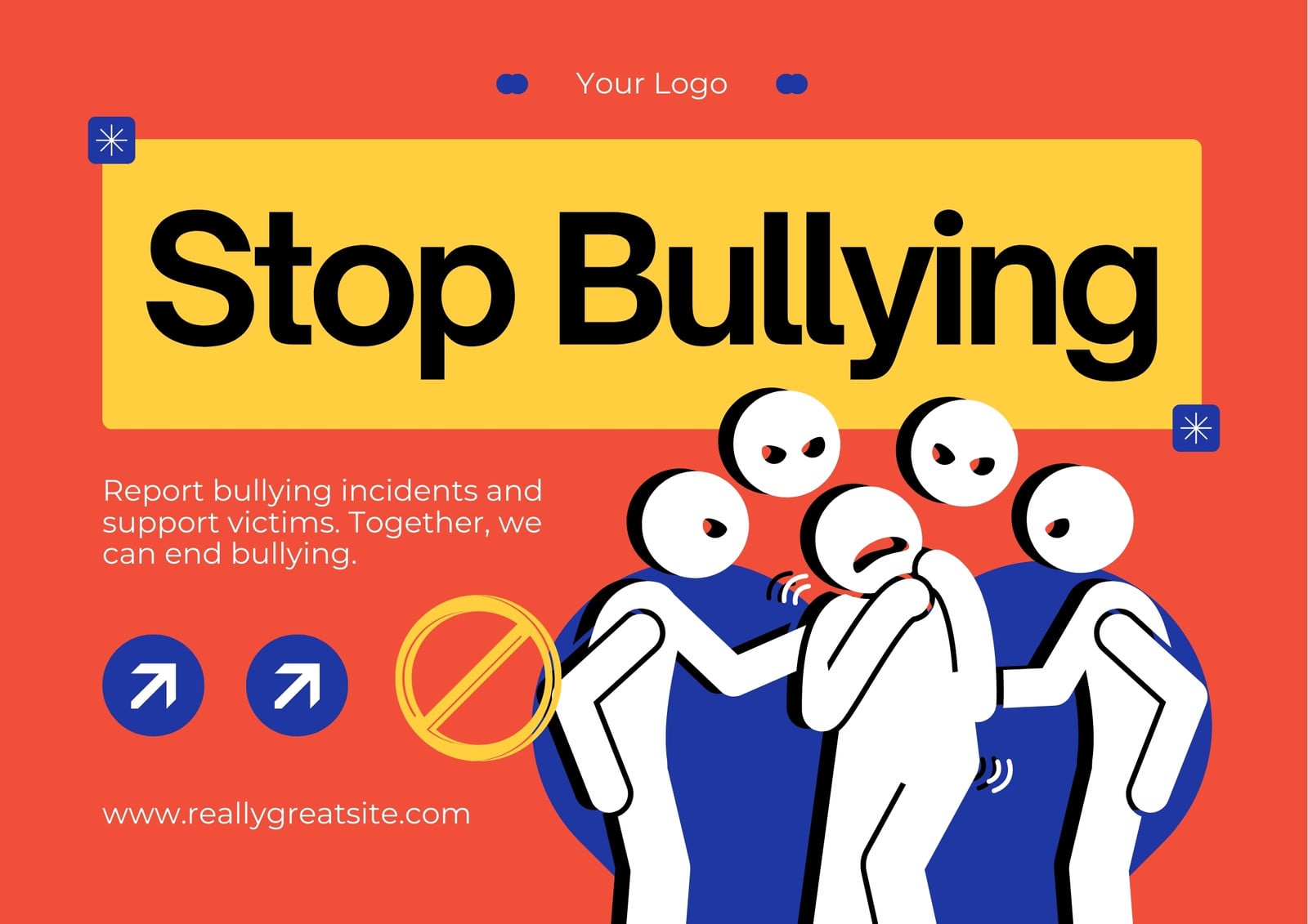 Red and Yellow Illustrated Stop Bullying Poster