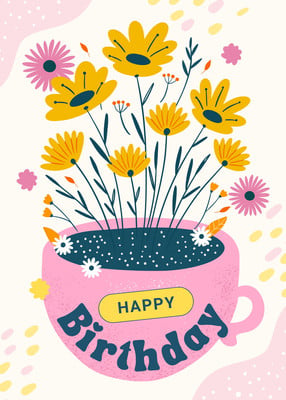 Floral Illustration Greeting Happy Birthday Card Canva template, yellow and pink