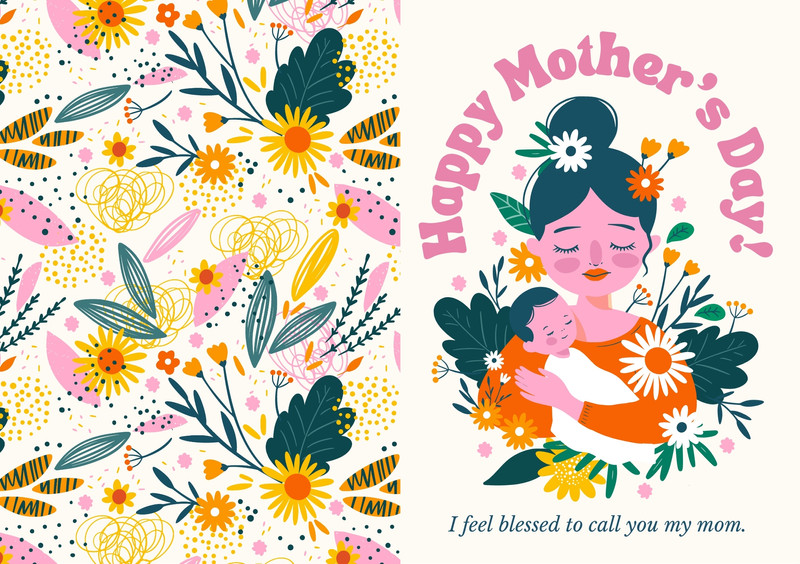 Floral Playful Mother's Day Greeting Portrait Folded Card Canva template, pink