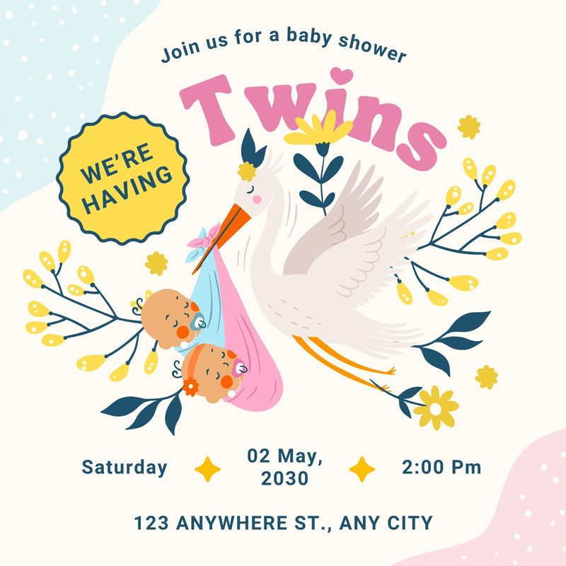 Cute Illustrated Twins Baby Shower Invitation Canva template, pink and cream