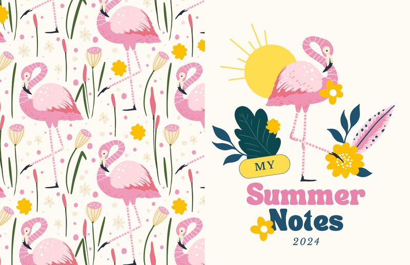 Floral Cute Flamingo Summer Notebook Cover Notebook (Wrap) Canva template, yellow and pink