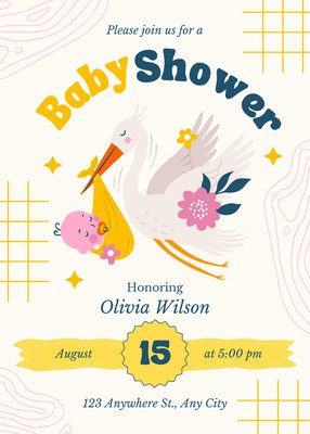 Cute Stork with a Baby Baby Shower Invitation Canva template, yellow and pink