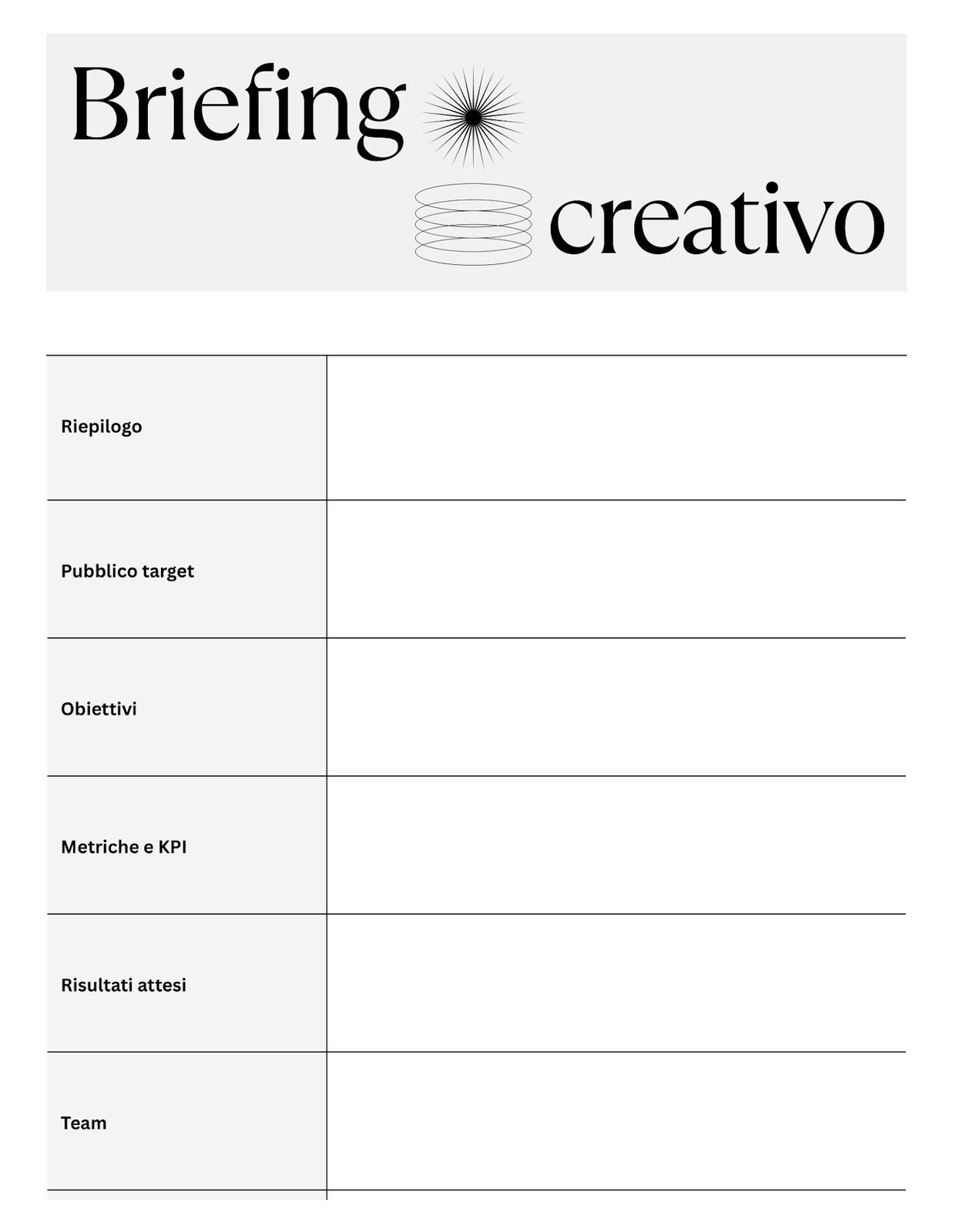 Doc Briefing Creativo in Stile Editoriale Bianco Nero e Grigio
