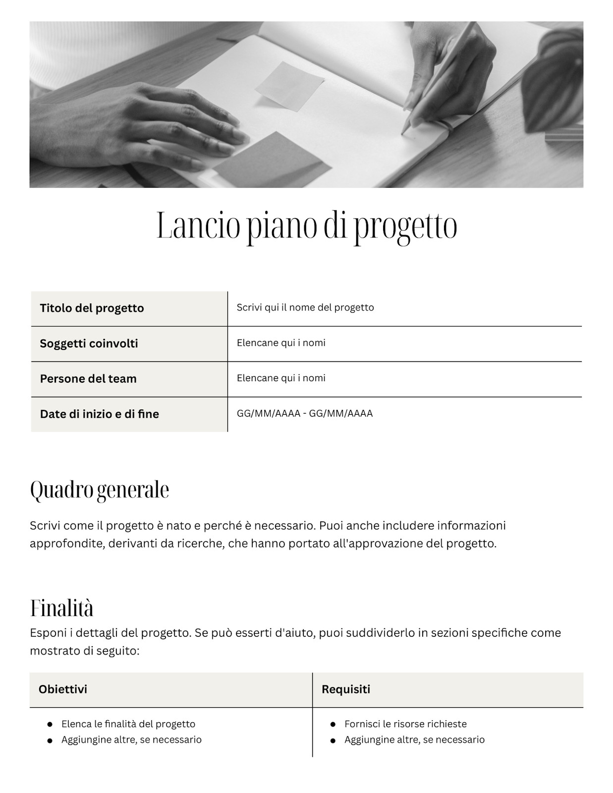 Doc Lancio Piano di Progetto in Stile Editoriale Bianco Nero e Beige