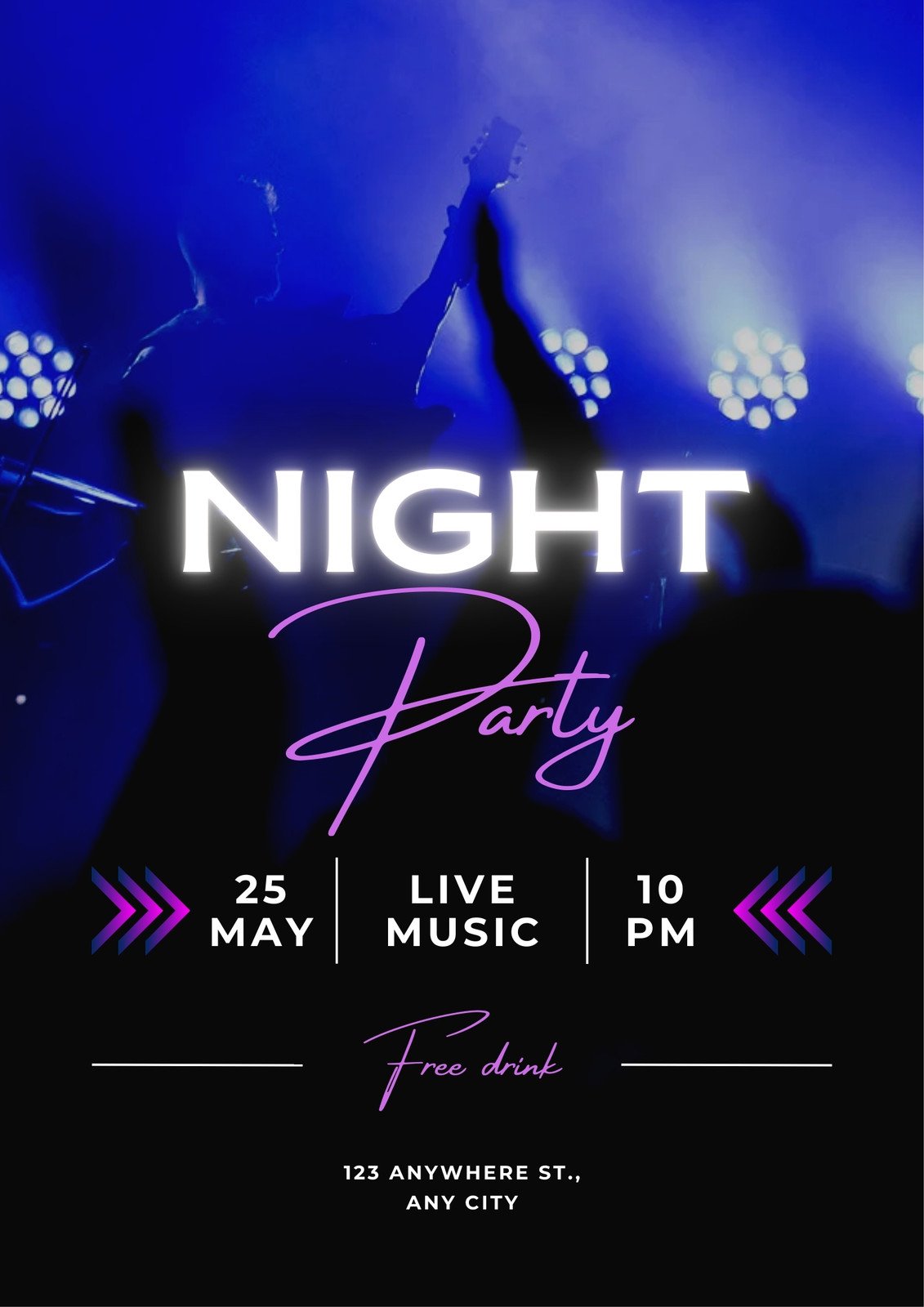 Blue Black White Minimalist Modern Night Party Poster