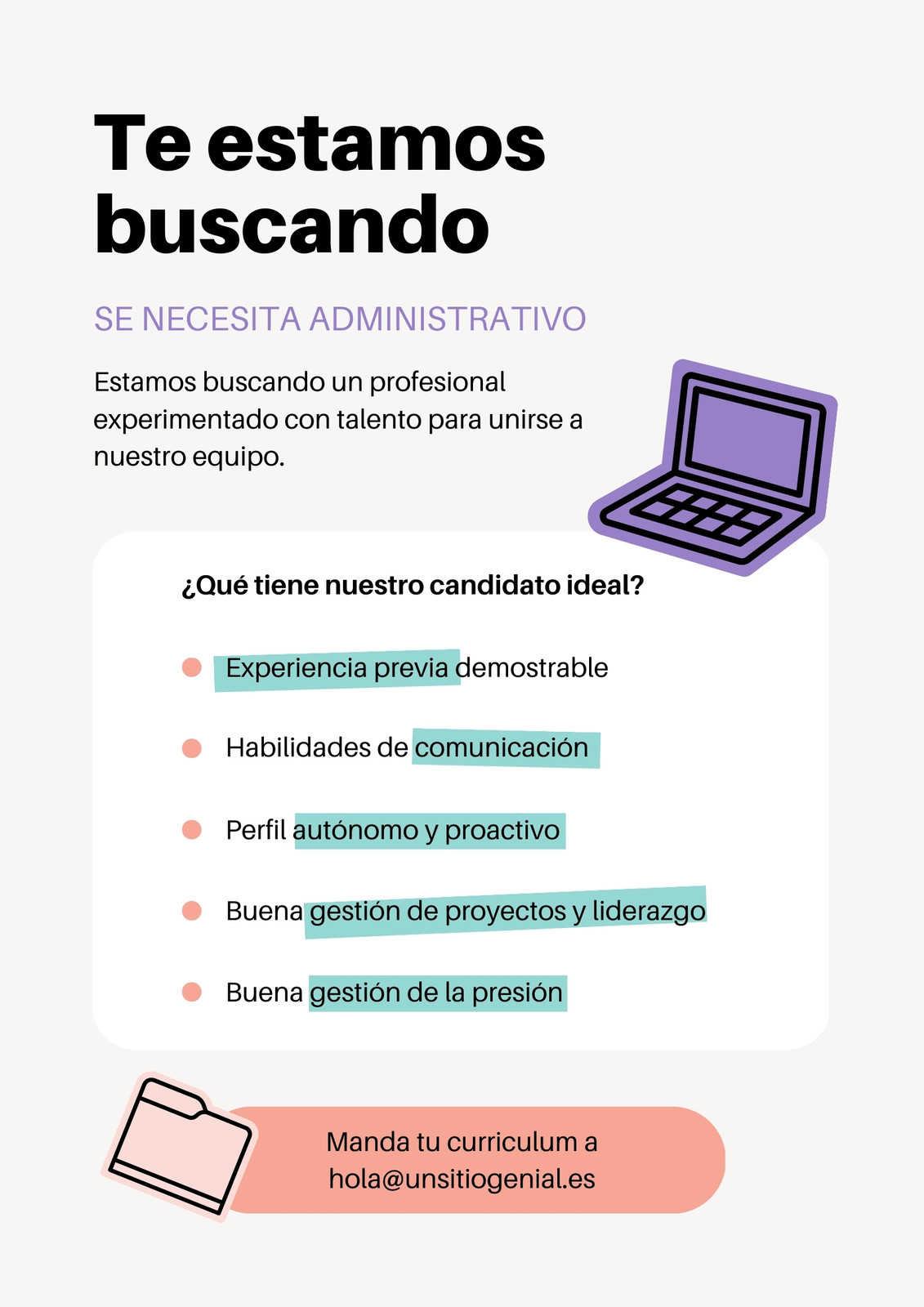 Flyer Oferta de Empleo Empresa Administrativo Iconos Corporativo Colores pastel