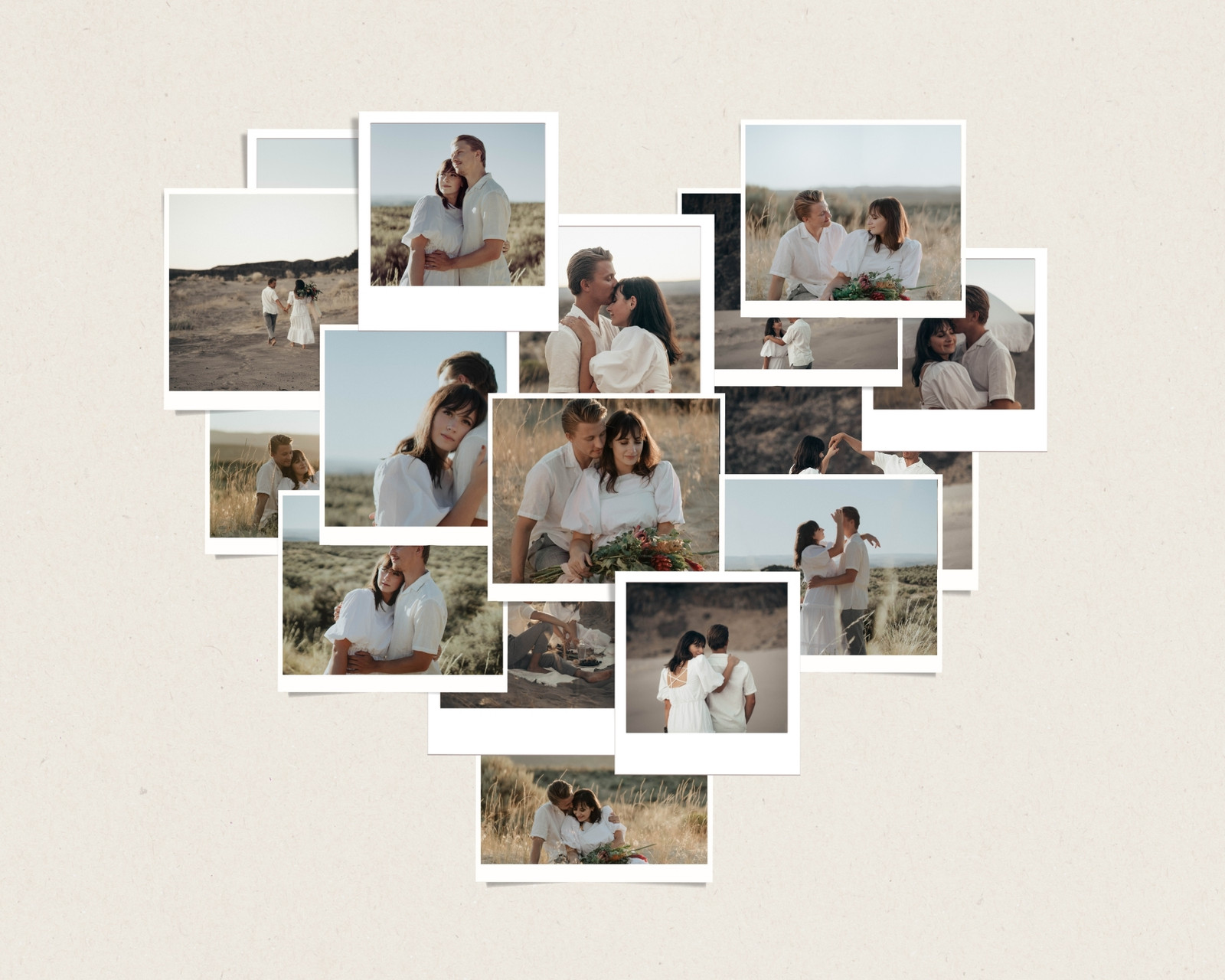 Beige Romantic Couple Photoshoot Heart Shaped Photo Collage Beige Romantic Couple Photoshoot Heart Shaped Photo Collage