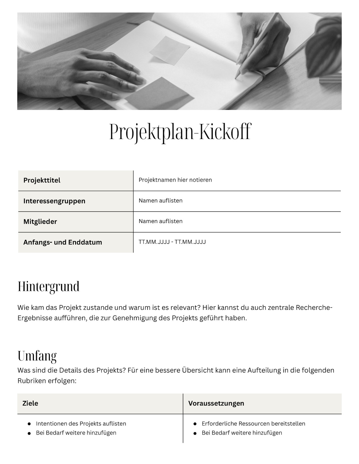 Schwarz und Weiß Beige Editorialer Stil Projektplan-Kickoff Docs