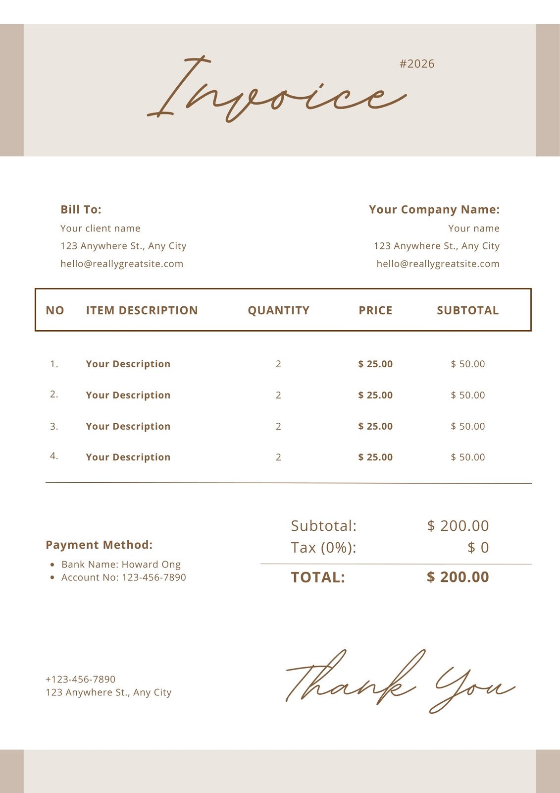 Cream and White Professional Business Invoice