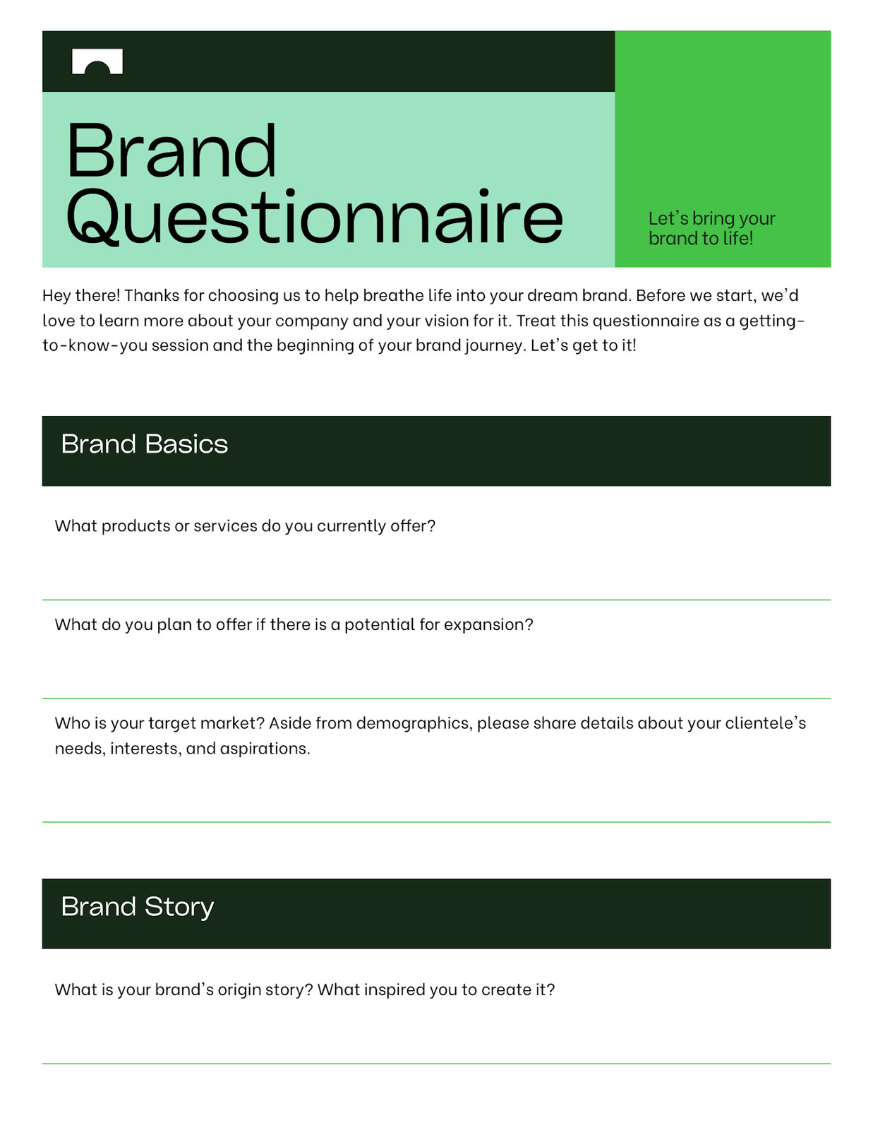 Brand Questionnaire Professional Doc in Dark Green Black and White Bold Modern Style