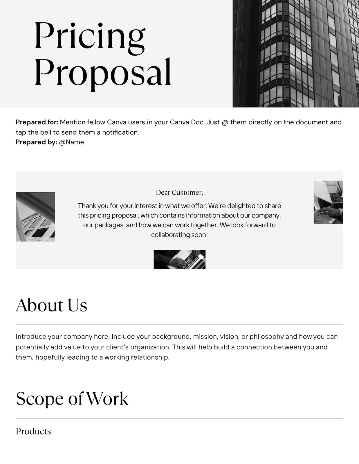 Pricing Proposal Professional Doc in White Black Grey Sleek Monochrome Style