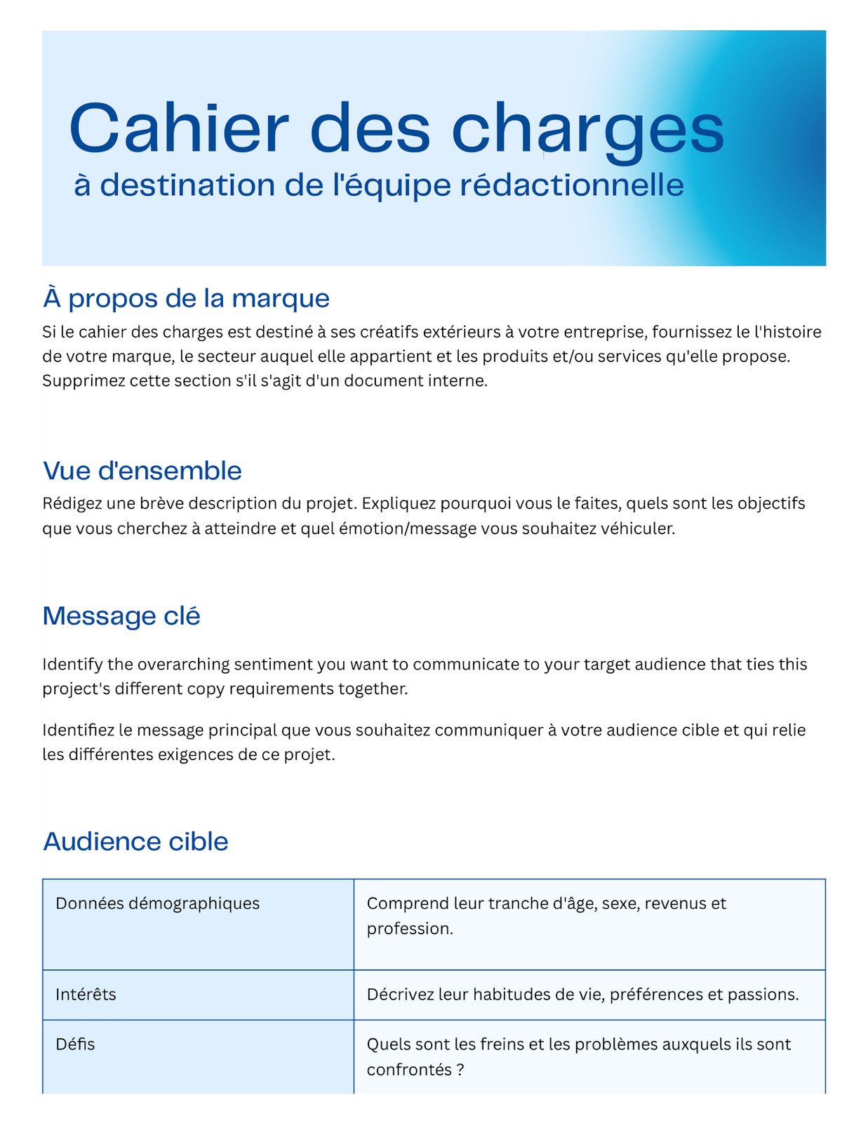 Doc Cahier des charges pour Équipe rédactionnelle en Couleurs pastels Bleu Clair