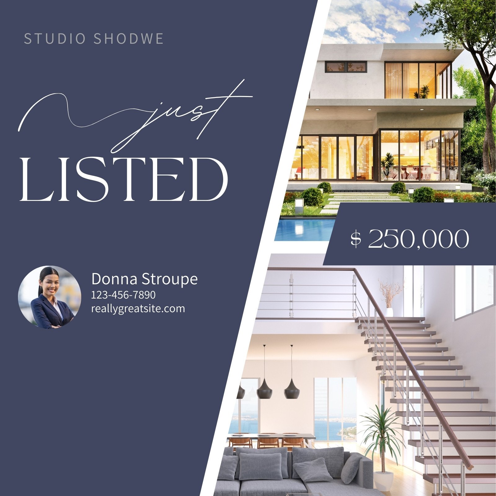 Blue Modern Photo Just Listed Real Estate Social Media