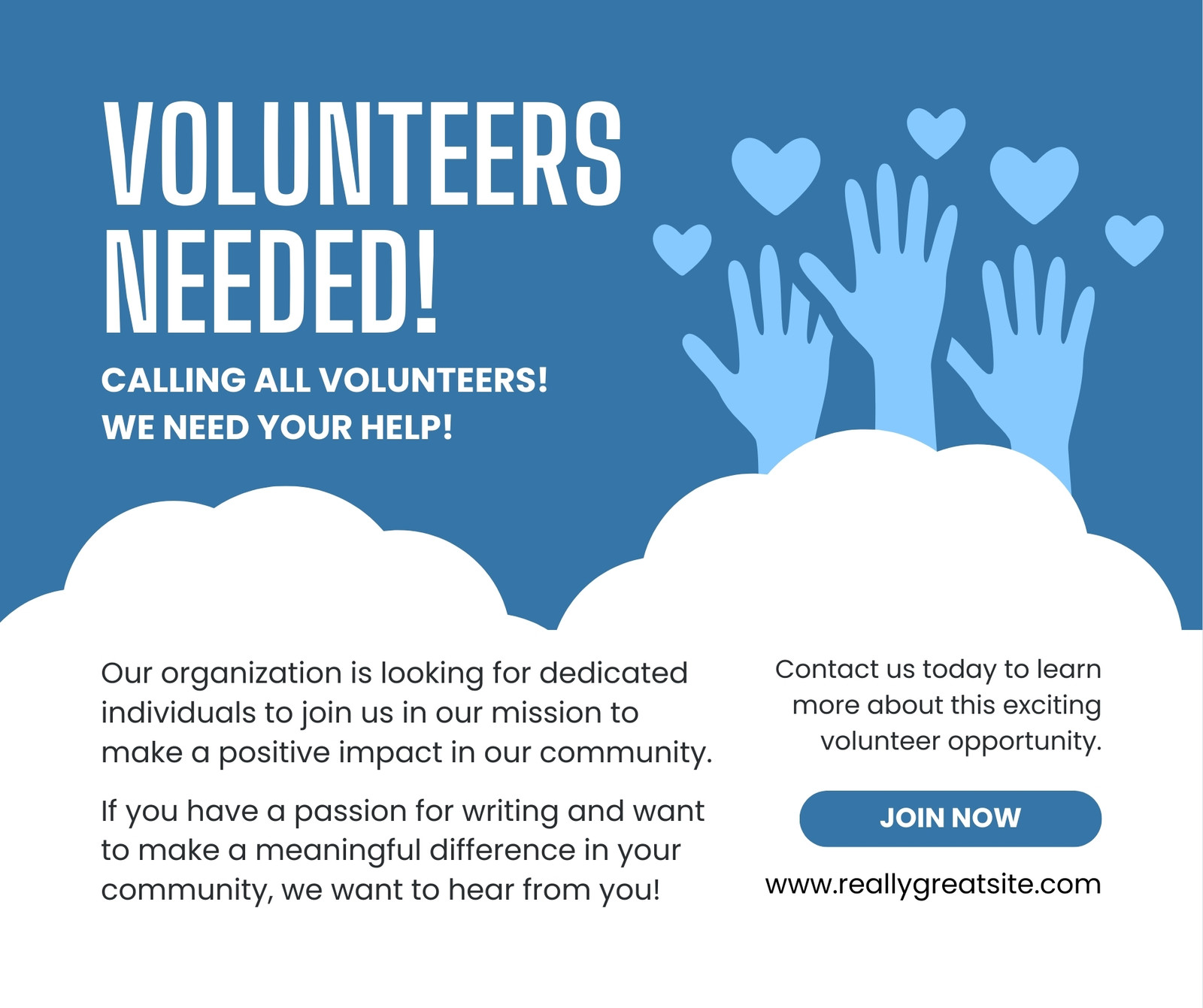 Blue and White Modern Volunteers Needed Facebook Post