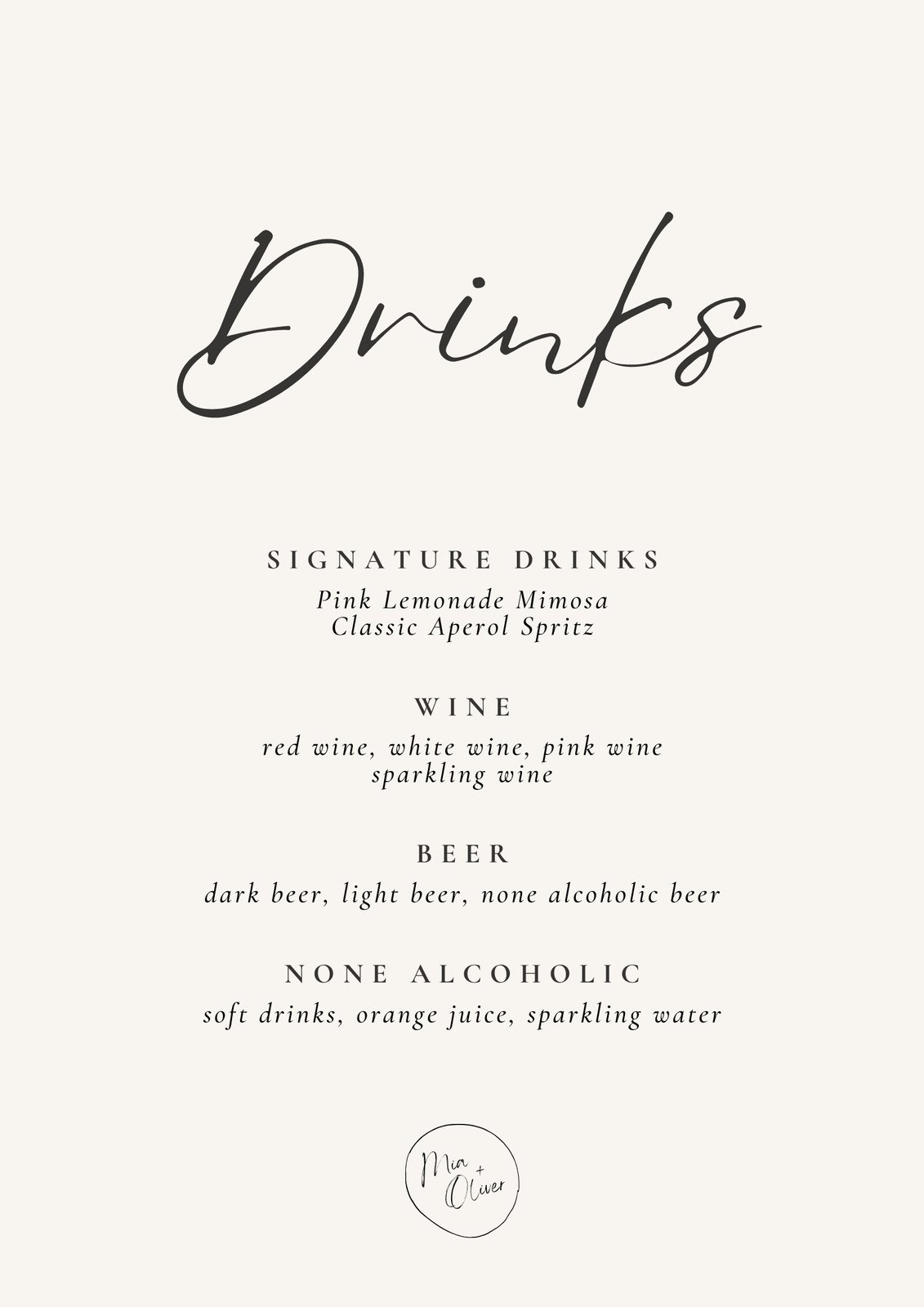Cream Minimalist Elegant Calligraphy Bar Menu