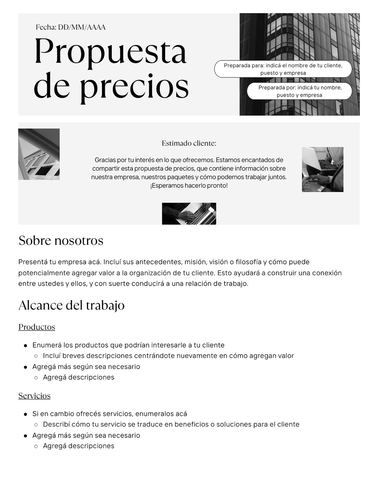 Blanco Negro Gris  Monocromático Elegante Propuesta de Precios Profesional Doc