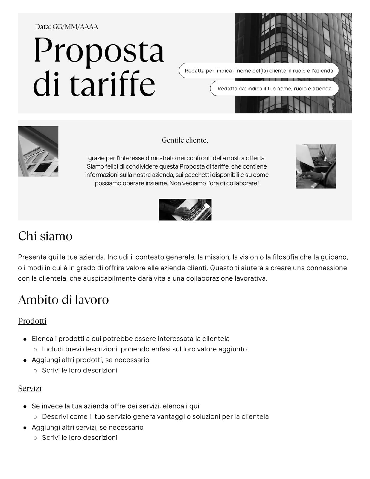 Doc Professionale Proposta Tariffe in Stile Monocromatico Elegante Bianco Nero Grigio