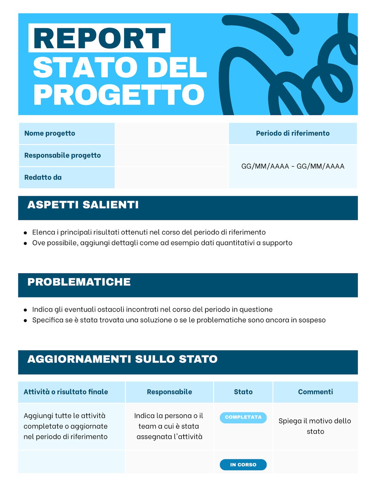 Doc Professionale Report Stato Progetto in Stile Astratto Allegro Blu Scuro Azzurro