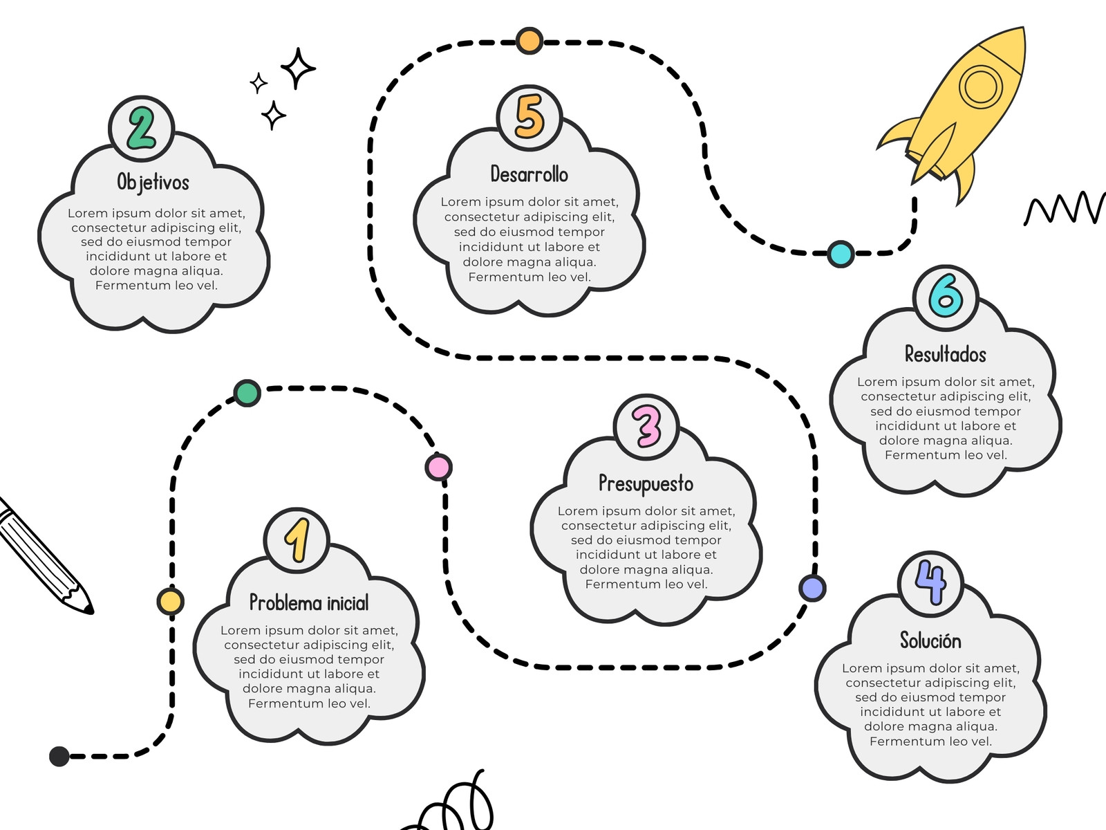 Gráfico Camino Proceso Paso a Paso Línea de Tiempo con Cohete Doodle Infográfico Multicolor