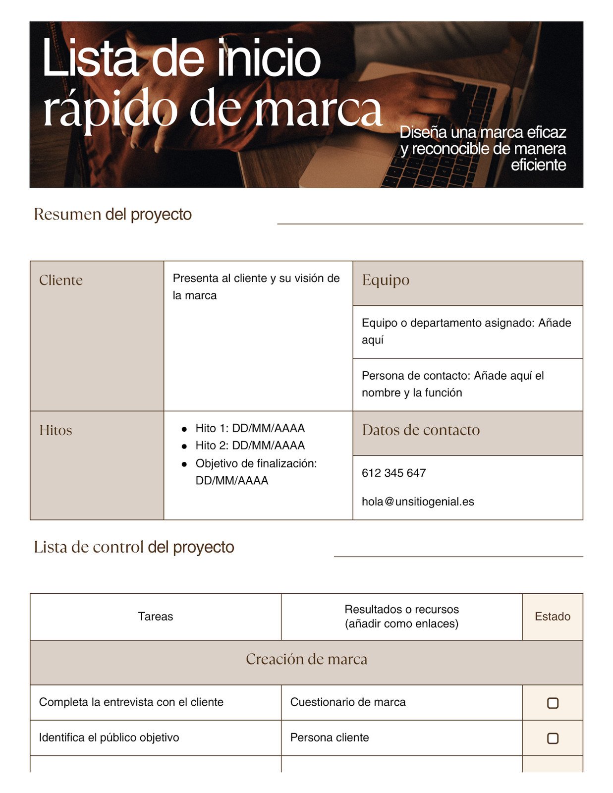 Doc Lista de Inicio Rápido de Marca en Marrón Oscuro Negro y Blanco Roto Estilo Profesional y Fotocéntrico