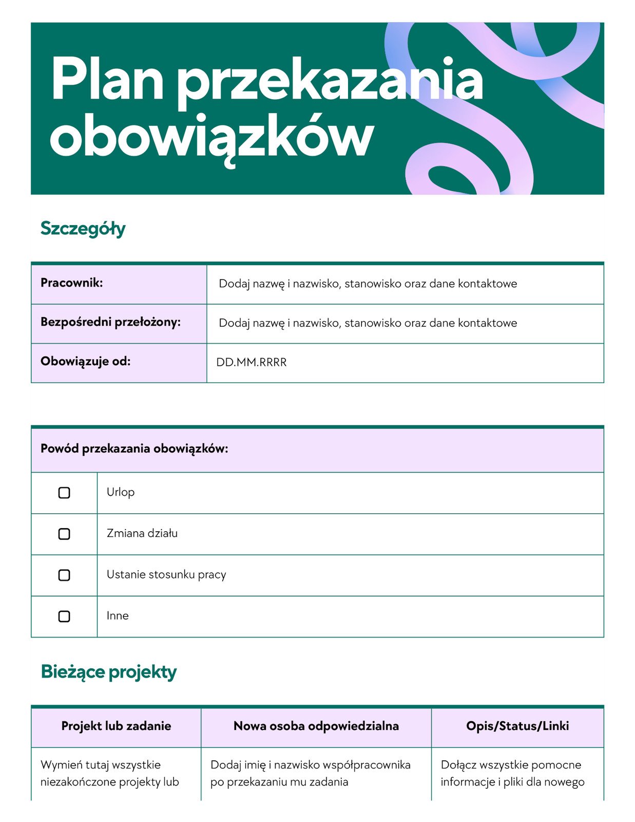 Szmaragdowy Lawendowy Niebieski Zabawny Abstrakcyjny Styl Profesjonalny Plan przekazania obowiązków Doc